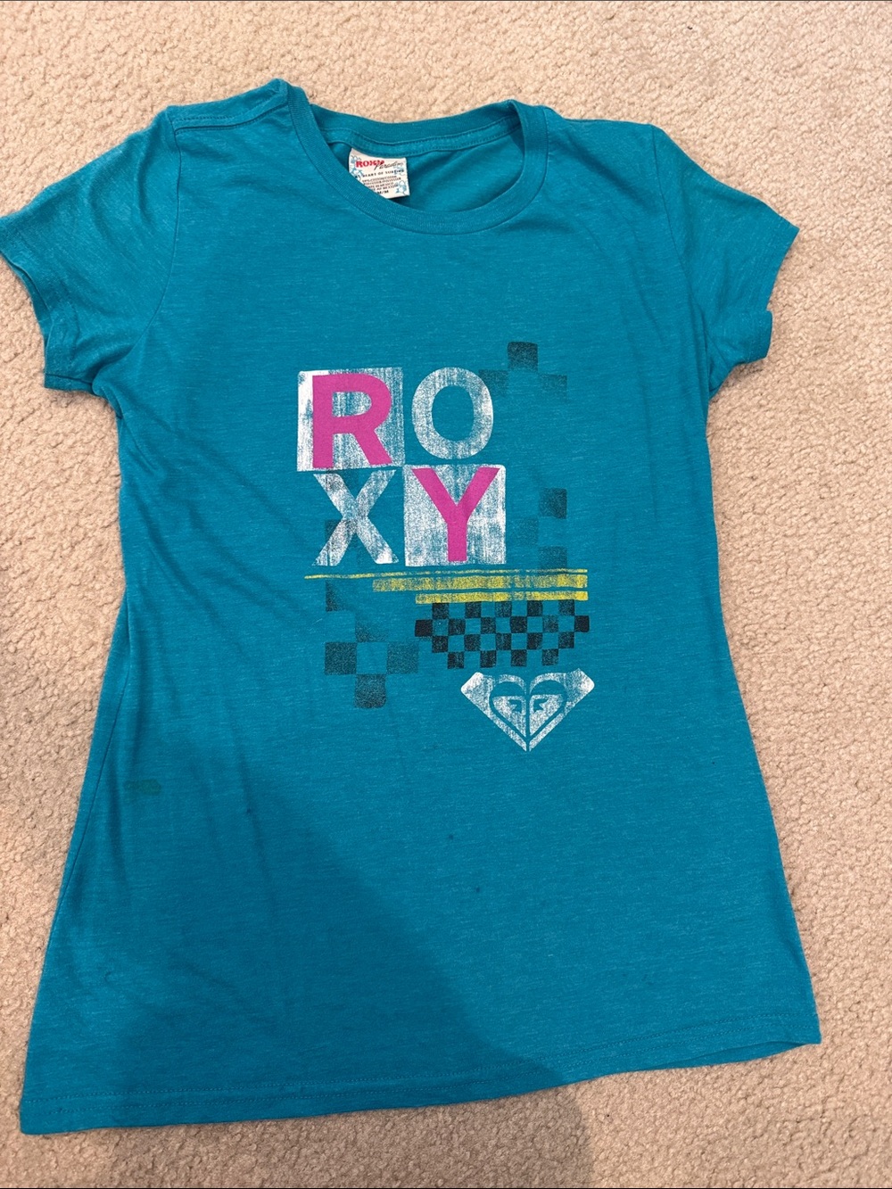 Vintage Roxy Teal Graphic Short Sleeve Tee with Pink Accents